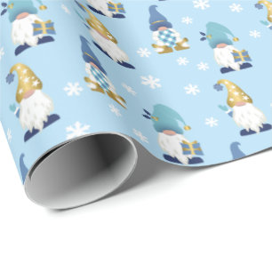 Cute Trendy Gnomes Winter Gold Blue Wrapping Paper