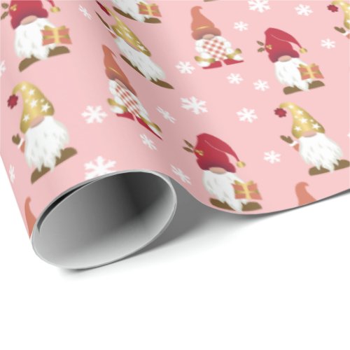 Cute Trendy Gnomes Winter Pink Red Rose Gold Wrapping Paper