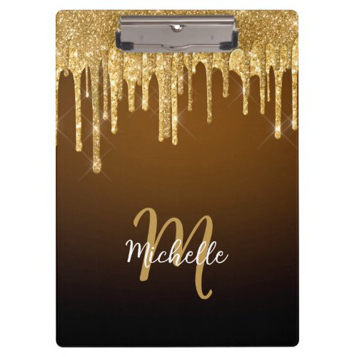 Cute Trendy Gold Glitter Drip Monogram Initial Clipboard