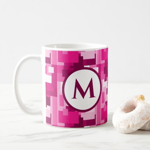 Cute Trendy Hot Pink Digital Camo Pattern Monogram Coffee Mug