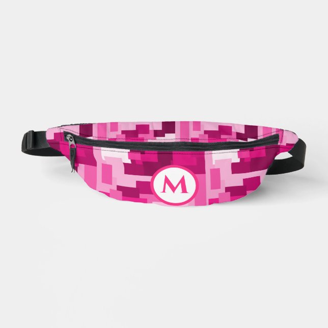 Cute Trendy Hot Pink Digital Camo Pattern Monogram Fanny Pack (Front)