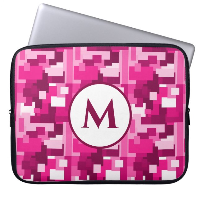 Cute Trendy Hot Pink Digital Camo Pattern Monogram Laptop Sleeve (Front)