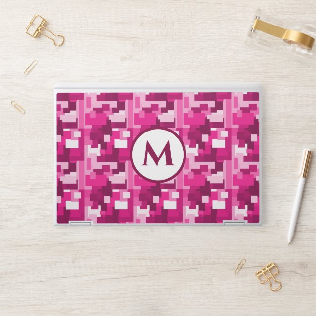 Cute Trendy Hot Pink Digital Camo with Monogram HP Laptop Skin (Desk)