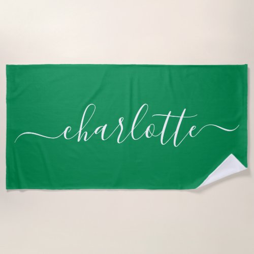 Cute Trendy Kelly Green Script Name Personalized  Beach Towel