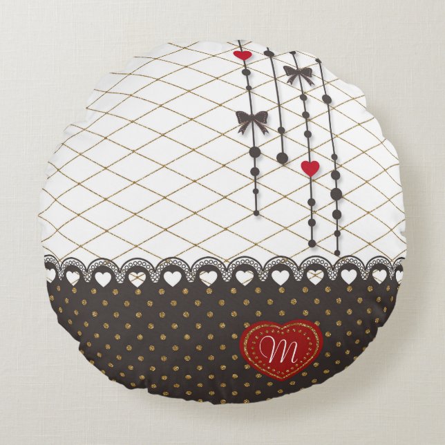 Cute trendy lace faux gold glitter strokes pattern round pillow (Front)