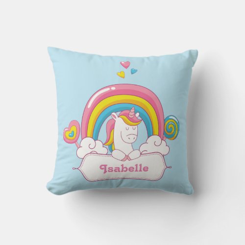 Cute TRENDY Magical Unicorn  BLUE custom NAME Throw Pillow