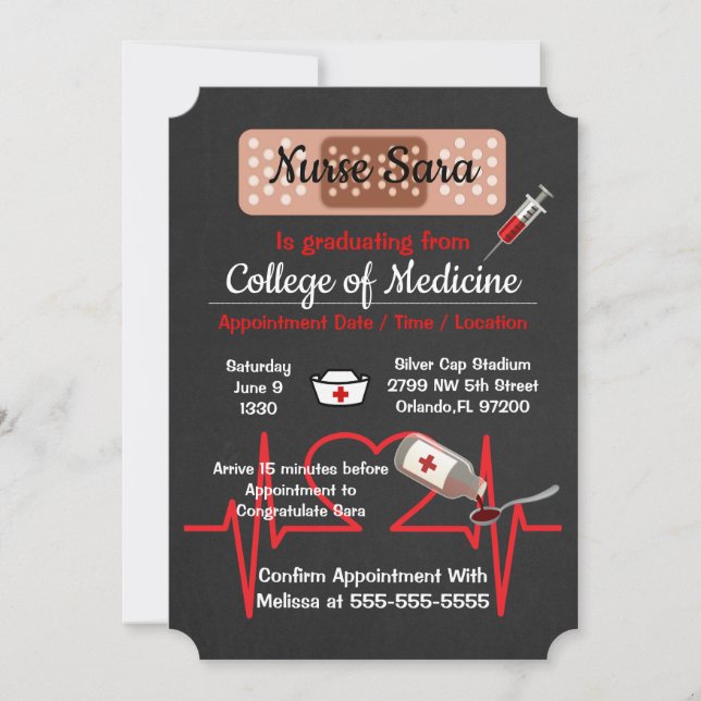 Cute Trendy Medical Nursing School Graduate Invitation (Front)