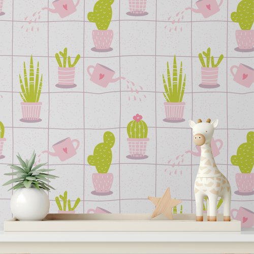 Cute Trendy Modern Cactus Pink Flower Pattern Wallpaper