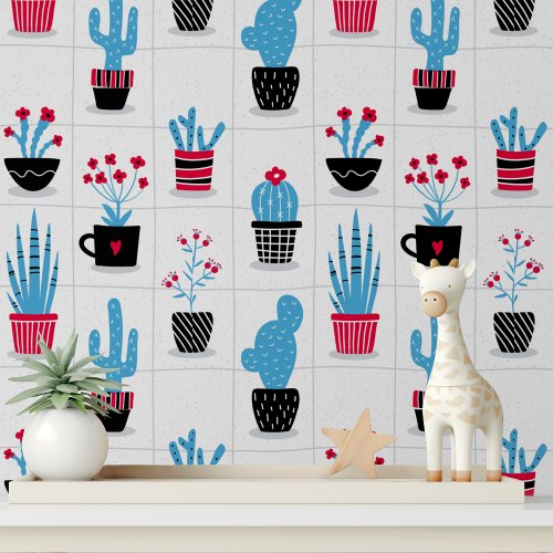 Cute Trendy Modern Cactus Red Blue Flower Pattern Wallpaper
