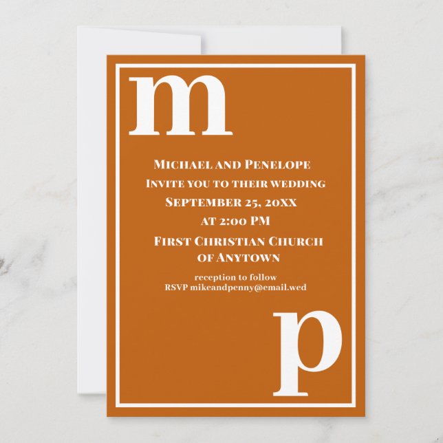 Cute Trendy Monogram Burnt Orange Wedding   Invitation (Front)