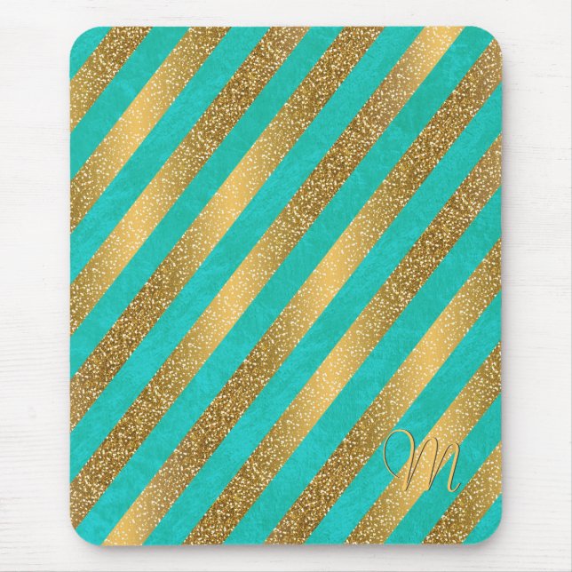 Cute trendy monogram stripes faux gold glitter mouse pad (Front)