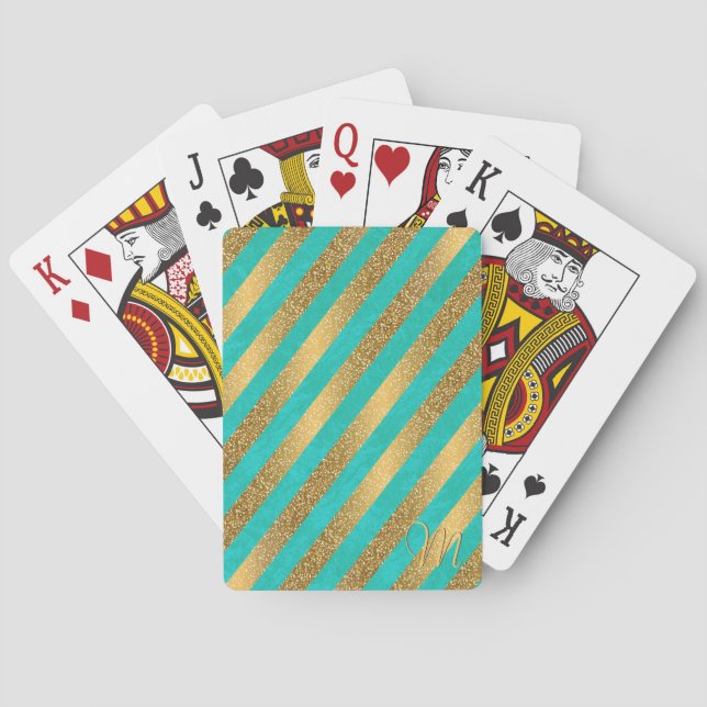 Cute trendy monogram stripes faux gold glitter poker cards (Back)