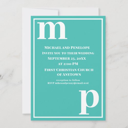 Cute Trendy Monogram Turquoise Blue Wedding   Invitation