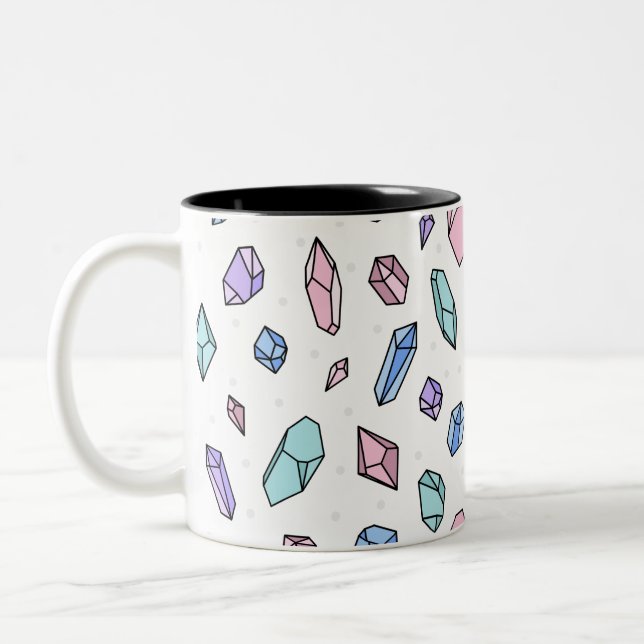 Cute Trendy Pastel Gemstones Gems Crystal Pattern Two-Tone Coffee Mug (Left)