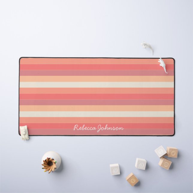 Cute Trendy Peach Pink Stripes Name Desk Mat (Kids Table)