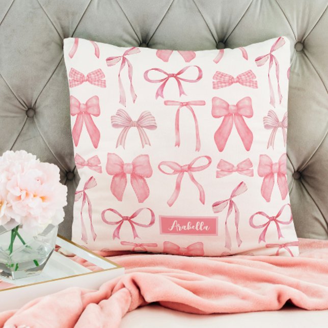 Cute Trendy Pink Bow Aesthetic Print Coquette Throw Pillow (Coquette pillow, room decor coquette, cute pillow, pink bows, girly trendy coquette aesthetic decor )