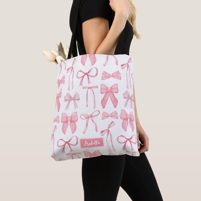 Cute Trendy Pink Bow Aesthetic Print Coquette Tote Bag (Close Up)