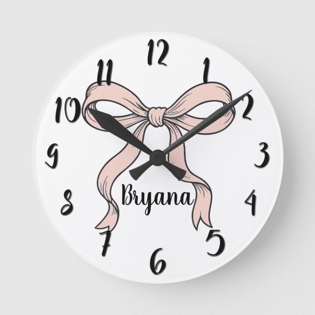 Cute Trendy Pink Ribbon Bows Outlined in Black Round Clock (Front)