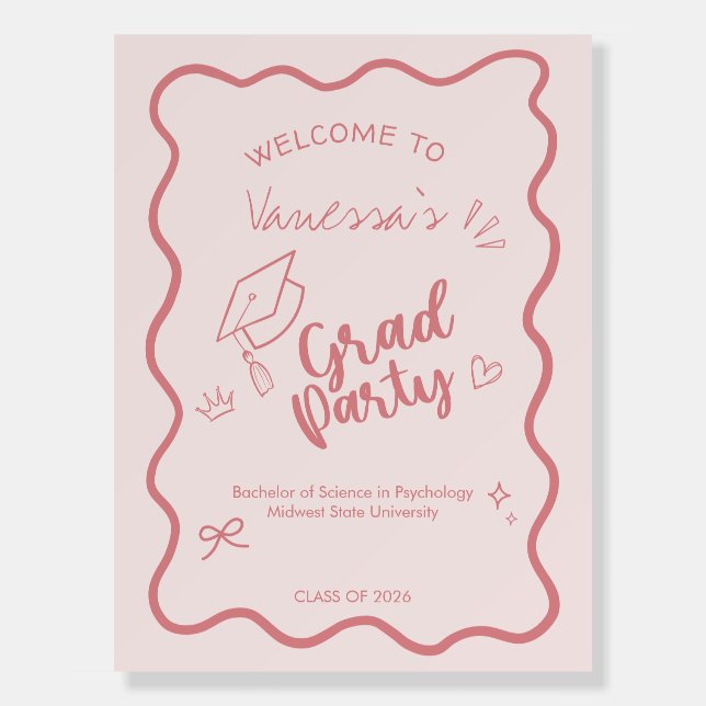 Cute Trendy Pink Wavy Border Graduation  Foam Board (Front)