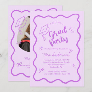 Cute Trendy Pink Wavy Border Graduation Invitation
