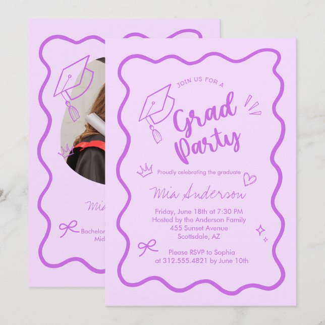 Cute Trendy Pink Wavy Border Graduation Invitation (Front/Back)