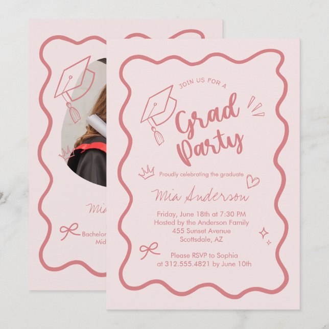 Cute Trendy Pink Wavy Border Graduation Invitation (Front/Back)