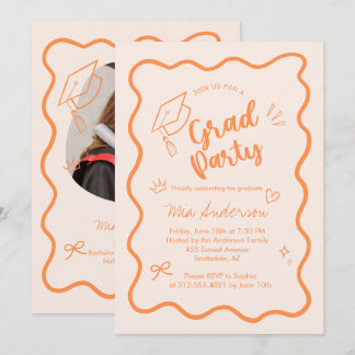 Cute Trendy Pink Wavy Border Graduation Invitation