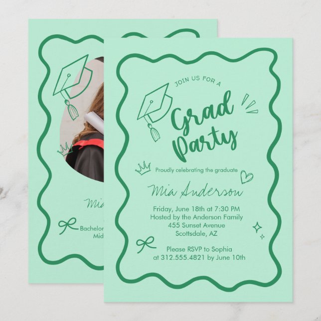 Cute Trendy Pink Wavy Border Graduation Invitation (Front/Back)