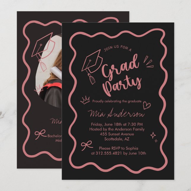 Cute Trendy Pink Wavy Border Graduation Invitation (Front/Back)