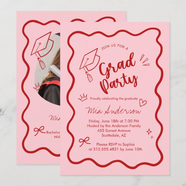 Cute Trendy Pink Wavy Border Graduation Invitation (Front/Back)