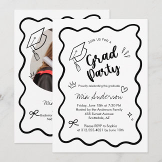 Cute Trendy Pink Wavy Border Graduation Invitation