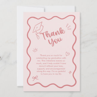 Cute Trendy Pink Wavy Border Graduation Thank You Card