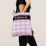 Cute Trendy Pink White Checkered Pattern Custom Tote Bag<br><div class="desc">A Cute Trendy Girly Pink White Checkered Pattern With Pink Flowers Tote Bag design. You can easily change the name as needed. You can also change the font type, font color and font size if you want. Click "Personalize" to find the editing tools. You can do whatever you like and...</div>