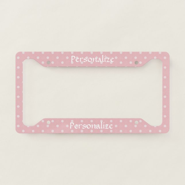 Cute & Trendy Pink & White Polka Dots Personalize License Plate Frame (Front)