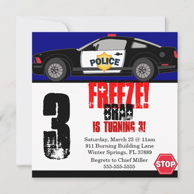 Cute Trendy Police Car Birthday Party Invitation (Front)