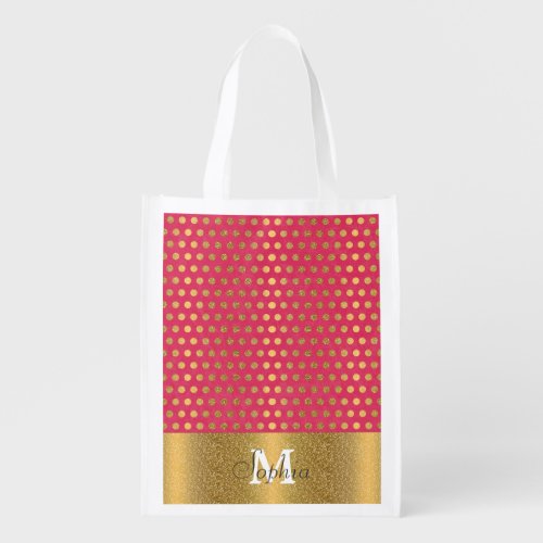 Cute trendy polka dots faux gold glitter pattern grocery bag