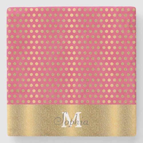 Cute trendy polka dots faux gold glitter pattern stone coaster