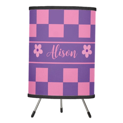 Cute Trendy Purple Pink Checkered Pattern Custom  Tripod Lamp