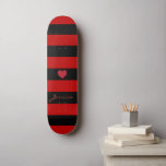 Cute Trendy Red Black Stripes Heart Personalized Skateboard<br><div class="desc">Personalize this cute trendy Red Black Stripes Heart Skateboard design. You can easily change or remove the name as needed. You can also change the font type, color, size, position if you want. Do whatever you like and make it your own. It's perfect for souvenir, birthday gift etc for the...</div>