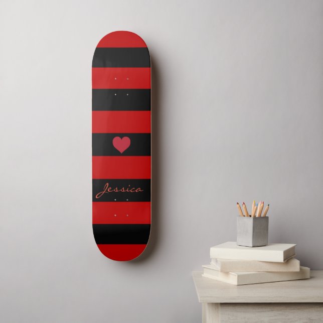 Cute Trendy Red Black Stripes Heart Personalized Skateboard (Wall Art)