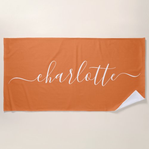 Cute Trendy Script Name Personalized Bright Orange Beach Towel