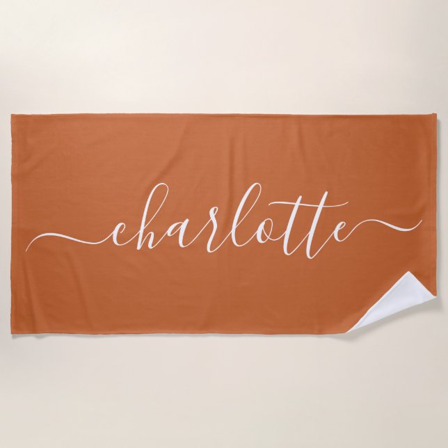 Cute Trendy Script Name Personalized Burnt Orange Beach Towel (Front)