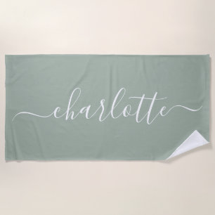 Cute Trendy Script Name Personalized Dusty Sage Beach Towel