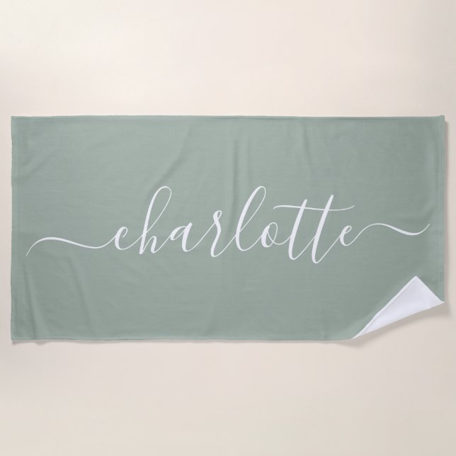 Cute Trendy Script Name Personalized Dusty Sage Beach Towel (Front)