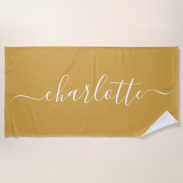Cute Trendy Script Name Personalized Dusty Yellow Beach Towel (Front)