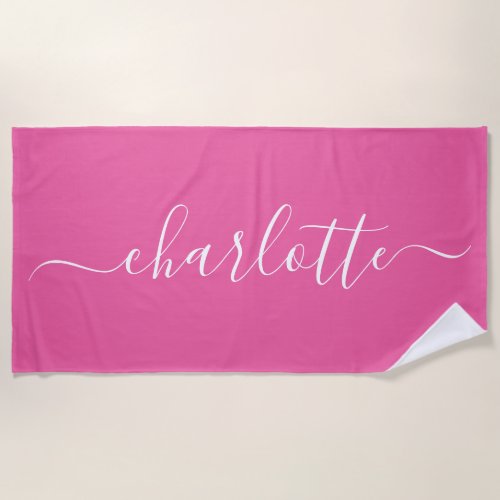 Cute Trendy Script Name Personalized Hot Pink Beach Towel