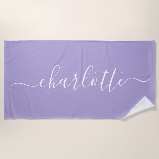 Cute Trendy Script Name Personalized Lavender Beach Towel (Front)