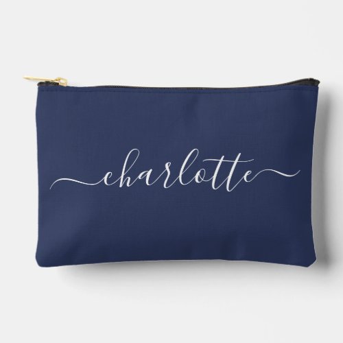 Cute Trendy Script Name Personalized Navy Blue Accessory Pouch