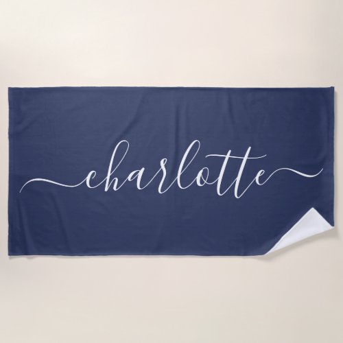 Cute Trendy Script Name Personalized Navy Blue Beach Towel