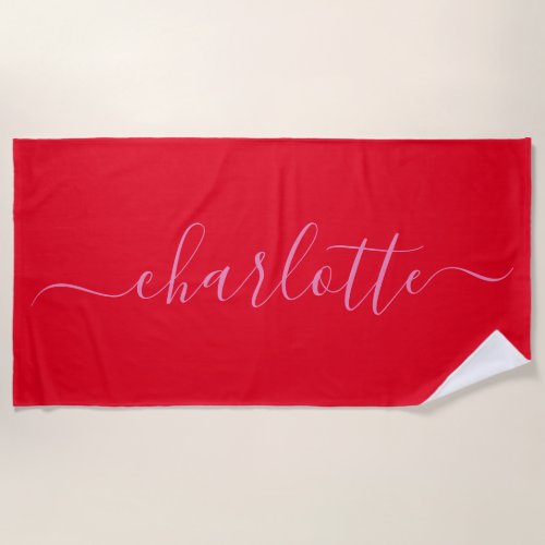 Cute Trendy Script Name Personalized Pink Red Beach Towel